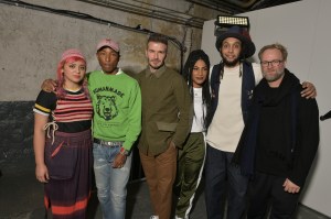 Paolina Russo, Pharrell Williams, David Beckham, Priya Alhuwalia, Nicholas Daley and Nic Galway after the Adidas Originals MakerLab show in Paris