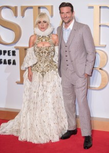 Lady Gaga in Alexander McQueen and Bradley Cooper at the ÒA Star is BornÓ premiere in London.