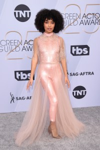 Yara Shahidi in Fendi: Fairy princess prettiness over a sequined catsuit. Leave it to Karl.