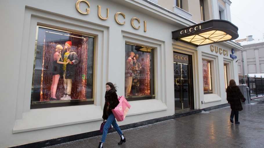 Pedestrians pass by a Guccio Gucci SpA store in Moscow, Russia, on Friday, Dec. 28, 2018