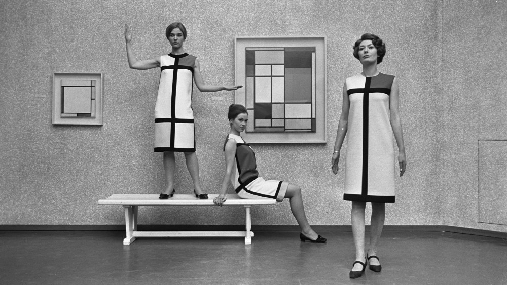 Three "Hommage à Piet Mondrian" cocktail dresses from the Yves Saint Laurent fall 1965 collection