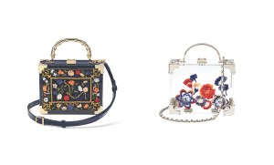 Aspinal of London’s fall 2019 collection marked the first season of Giles Deacon at the helm of the brand’s design direction. The accessory lineup celebrated all things quintessentially British: Deacon sketched illustrations playfully reinterpreting the uniforms of the Queen’s guards and Pekingese lap dogs to embellish small leather goods and scarves. On the handbag front, references to the equestrian culture came in the form of gold embellishments while the brand’s Mini Trunk clutch was revisited with floral motifs inspired by artworks housed at London’s Wallace Collection. An option came in hand-embroidered velvet and brass bamboo-like handle, while another had organza flowers suspended between transparent panes. — Sandra Salibian