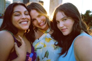 Launch campaign image for new extended size A+nthropologie range featuring models Ali Tate, Candice Huffine, and Paloma Elsesser shot in Mexico City,