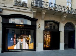 A view of the Balmain store on Rue Saint Honoré in Paris