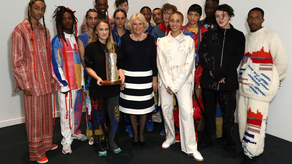 Bethany Williams, Her Royal Highness The Duchess of Cornwall and Adwoa Aboah with models wearing Williams’s fall 2019 collection