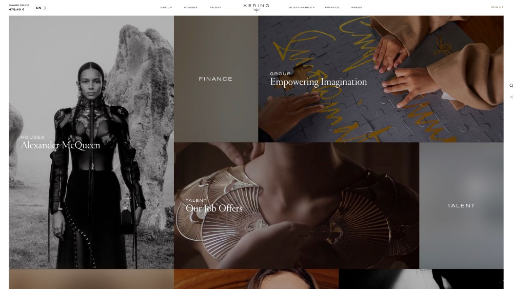 Kering's redesigned web page.