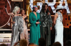 Michelle Obama wears Sachin & Babi, joined on stage by Lady Gaga, Jada Pinkett Smith, Alicia Keys and Jennifer Lopez.