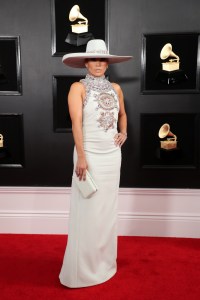 Jennifer Lopez wears Ralph and Russo.