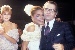 Karl Lagerfeld during the finale of his Chloe Spring RTW 1981 collection.