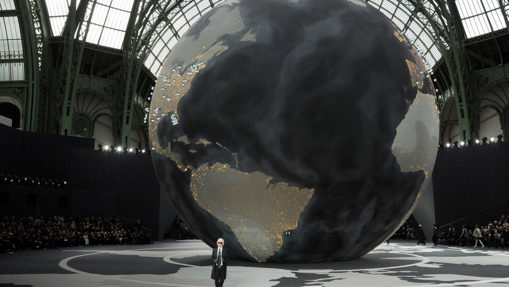 Fashion designer Karl Lagerfeld on the runway after Chanel's fall 2013 show at the Grand Palais.