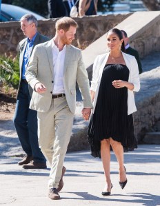 Prince Harry and Meghan Duchess of Sussex visit the Andalusian Gardens to hear about youth empowerment from a number of social entrepreneurs.Prince Harry and Meghan Duchess of Sussex visit to Morocco - 25 Feb 2019Wearing Loyd/Ford, Dress, Wearing Babaton Keith, Jacket, Shoes by Manolo Blanihk