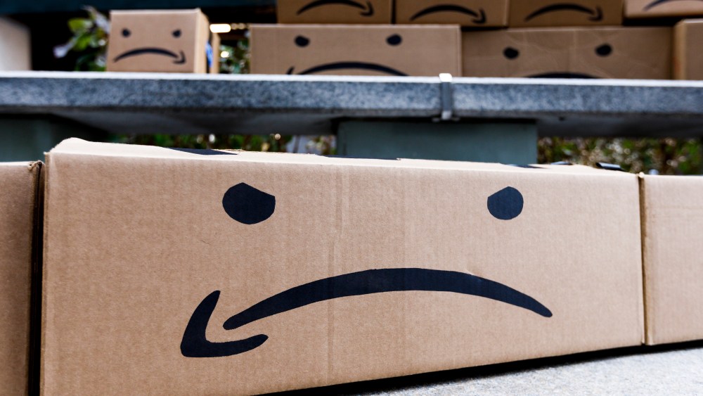 Boxes with a reimagined Amazon logo during a protest related to the recent announcement that the company Amazon will be opening one of two new headquarters in New York, New York, USA, 30 November 2018. The protest was held by students from the City University of New York who are upset with school's board for supporting the Amazon deal in the Long Island City neighborhood and how it may affect public funding of education.Rally Against Amazon Headquarters Deal in New York, USA - 30 Nov 2018