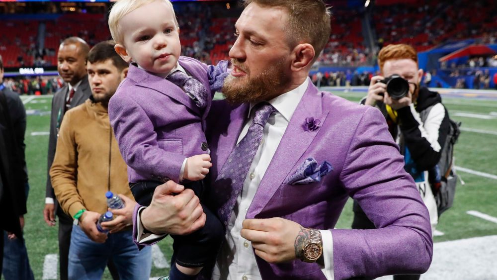 UFC fighter Conor McGregor and his son Conor McGregor jr. on the field prior to Super Bowl LIII between the New England Patriots and the Los Angeles Rams at Mercedes-Benz Stadium in Atlanta, Georgia, USA, 03 February 2019.Super Bowl LIII, Atlanta, USA - 03 Feb 2019