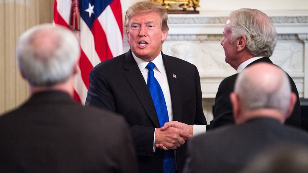 United States President Donald J. Trump shakes hands with governors after addressing the 2019 White House Business Session at the White House in Washington, D.C.. Trump discusses the group on infrastructure, the opioid epidemic, border security and China trade policy.President Trump addresses the nation's governors, Washington DC, USA - 25 Feb 2019