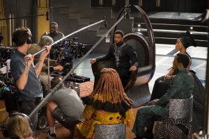Chadwick Boseman on set with Daniel Kaluuya and Angela Bassett, filming "Black Panther"