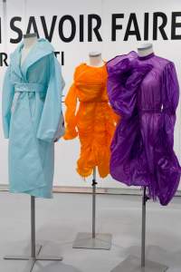 Three dresses made out of old parachutes created by student from Esmod Lyon in partnership with Porcher Industries.