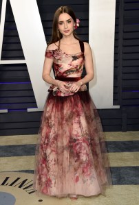 Lily Collins wearing Marchesa