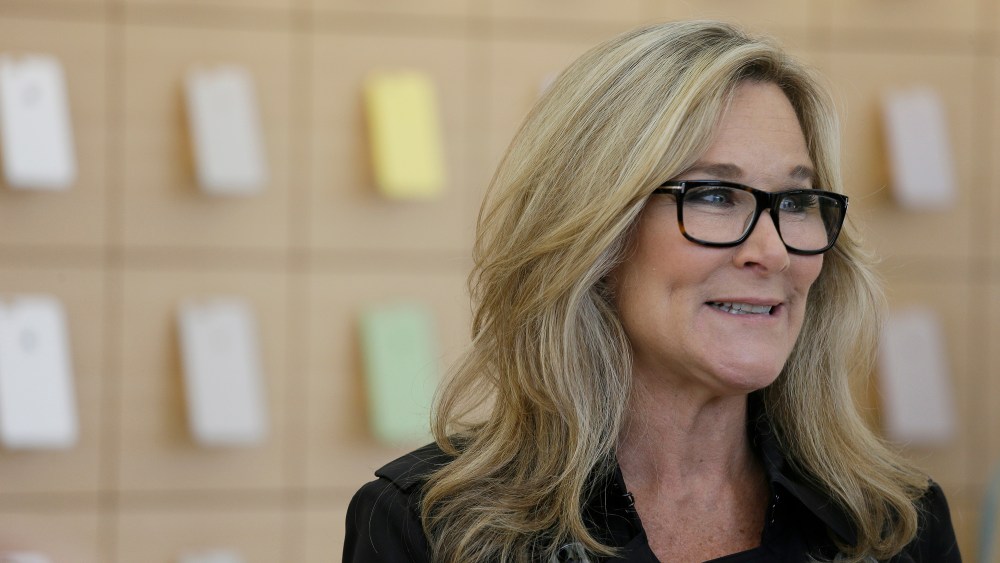 Angela Ahrendts Angela Ahrendts, Apple's senior vice president of Retail and Online Stores, speaks with reporters during a preview of the new Apple Union Square store, in San FranciscoApple Rethinking Retail, San Francisco, USA