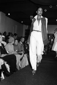 Beverly Johnson models during the runway show of the Calvin Klein fall 1975 ready to wear collection at the Flamingo, a SoHo discotheque.Calvin Klein Fall 1975 RTW, New York