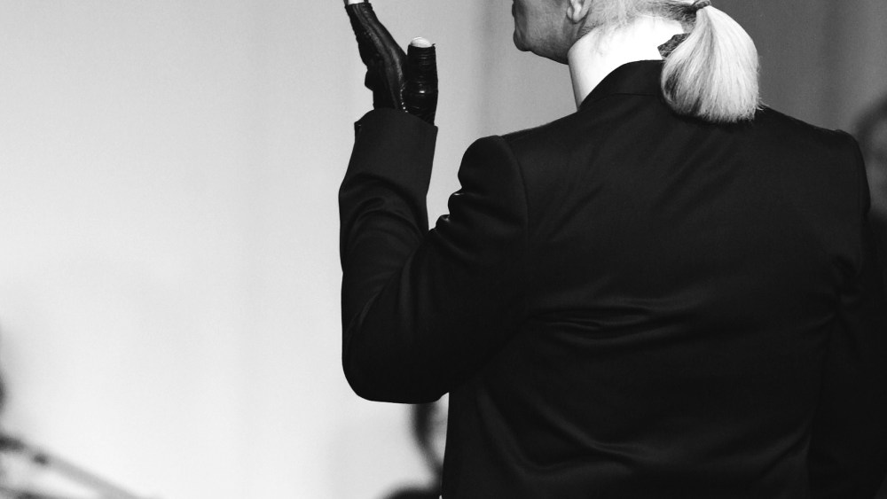 Karl Lagerfeld on the runway after the Chanel Pre-Fall 2006 Show in New York.