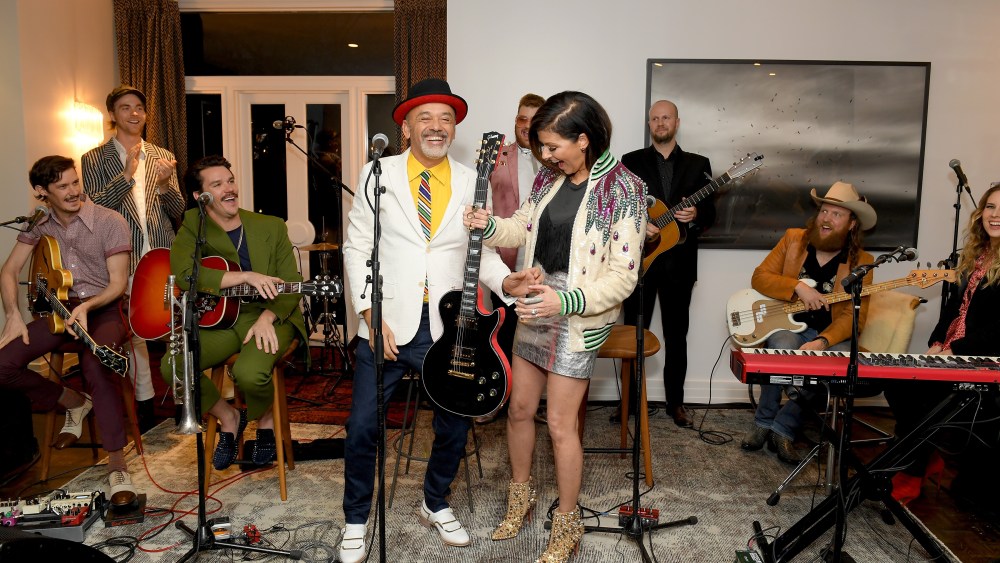 NASHVILLE, TN - MARCH 19:  L-R) John Davidson, Trevor Davis and Jacob Bryant of The Brummies, host, designer, Christian Louboutin, Karen Fairchild of Little Big Town, Jake "Fancy" Hagood, Jon Green, John Osborne of Brothers Osborne and Lucie Silvas attend an intimate evening hosted by Nordstrom and Karen Fairchild with Christian Louboutin at Private Residence on March 19, 2019 in Nashville, Tennessee.  (Photo by Jason Kempin/Getty Images for Nordstrom, Inc.)