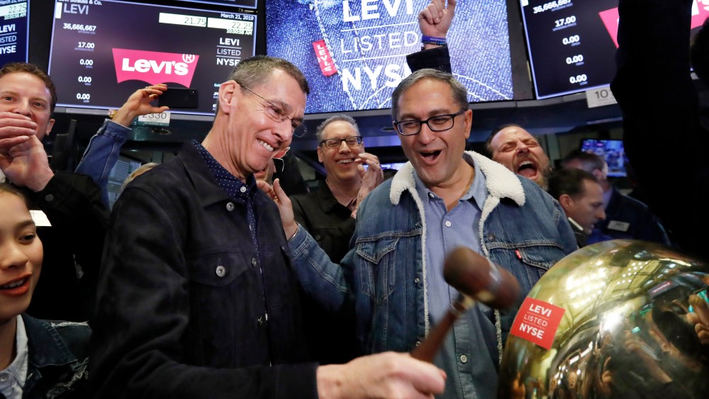 Harmit Singh, Chip Bergh. Levi Strauss CEO Chip Bergh, left, is joined by CFO Harmit Singh as he rings a ceremonial bell when his company's IPO begins trading on the floor of the New York Stock Exchange, . Levi Strauss & Co., which gave America its first pair of blue jeans, is going public for the second time. The 166-year-old company, which owns the Dockers and Denizen brands, previously went public in 1971, but the namesake founder's descendants took it private again in 1985Financial Markets Wall Street Levi Strauss IPO, New York, USA - 21 Mar 2019