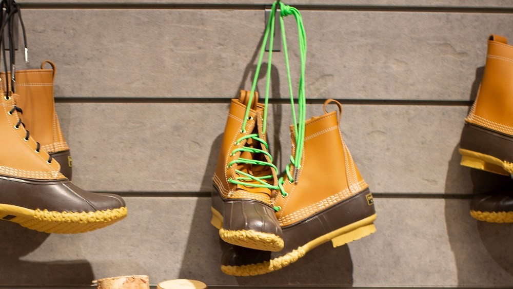 Signature 'Bean Boots' on display at the newly opened L.L. Bean location in the Seaport district of Boston, Massachusetts, USA 04 April 2018. Despite having to lay off approximately 100 employees due to slow sales earlier this year, this is the first urban located storefront for the 106 year old company. L.L. Bean officially opens the location on 06 April 2018 but had a soft opening this past week.L.L. Bean in Boston, USA - 04 Apr 2018