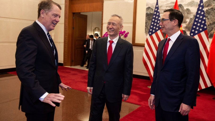 Robert Lighthizer, left, Liu He, and Steven Mnuchin on March 29.