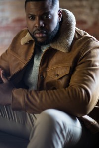 Schott's cowhide leather jacket, Mr P's cotton sweater worn with Rag & Bone's cotton polyurethane dyed twill pants.