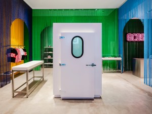 In keeping with his goal to drive the cultural conversation ahead, GCDS’ creative director Giuliano Calza commissioned architecture firm Studio Borbon to revamp the brand’s store in Milan’s Porta Nuova district to feature rainbow-colored curtains marking the different spaces. Throughout the city’s Design Week, the flagship also hosted an exhibit of images by Nadia Lee Cohen addressing topics such as racism, gender and politics, as well as a bronze three-breasted bust by Calza. The latter artwork resonates with the designer’s choice to donate part of the proceeds from the store’s sales during Milan Design Week to nonprofit Fondazione Umberto Veronesi, to support the research against breast cancer. A dedicated merchandising available at the brand’s e-commerce will contribute to the cause throughout the year.