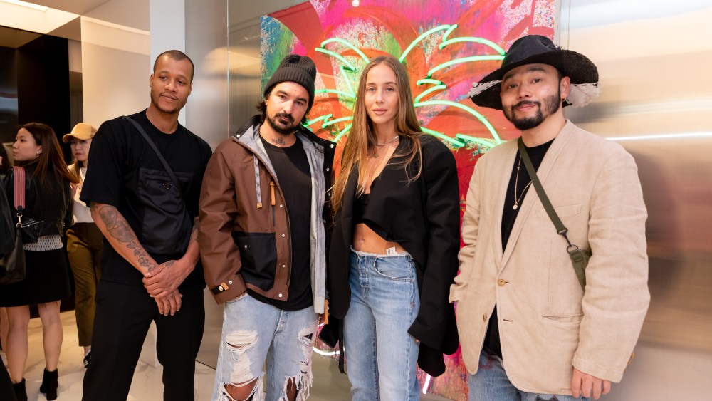 From left to right: Heron Preston, Francesco Ragazzi, Sabrina Albarello, and Poggy at the Palm Angels store opening on Mar. 27, 2019.