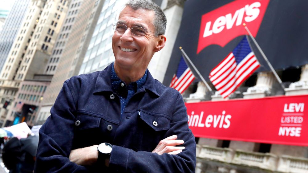 Levi Strauss CEO Chip Bergh poses for photos outside the New York Stock Exchange, . Levi Strauss & Co., which gave America its first pair of blue jeans, is going public for the second time. The 166-year-old company, which owns the Dockers and Denizen brands, previously went public in 1971, but the namesake founder's descendants took it private again in 1985Financial Markets Wall Street Levi Strauss IPO, New York, USA - 21 Mar 2019