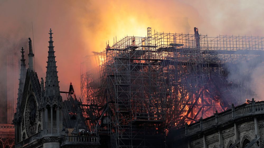 Flames on the roof of the Notre-Dame Cathedral in Paris, France, 15 April 2019. A fire started in the late afternoon in one of the most visited monuments of the French capital.Cathedral of Notre-Dame of Paris on fire, France - 15 Apr 2019