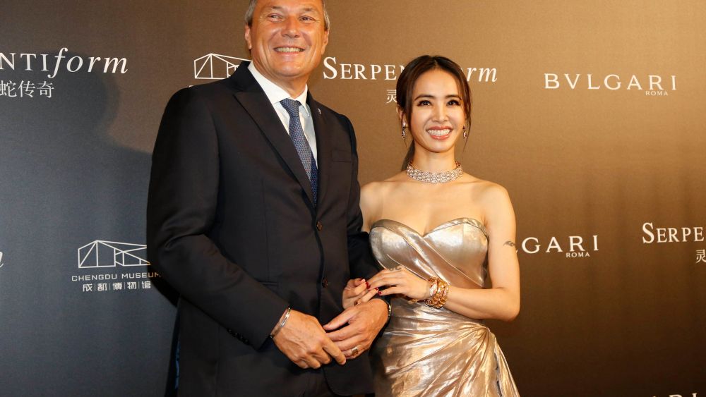 Bvlgari ceo Jean-Christophe Babin and singer Jolin Tsai at the opening of the 'Serpenti Form' exhibition in Chengdu, China.