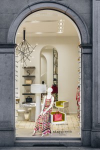 Seventy’s Milan store housed furniture pieces with a green ethos. Developed by design studio robertopamio+partners for Venice-based furniture label Staygreen, the pieces – which include a round table, chairs and stools, a lamp and also a bookcase - were crafted from sustainable structured cellulose composed by wood fibers, recycled paper and natural glues and externally finished with Solid Green, an eco-friendly compound patented by Staygreen.