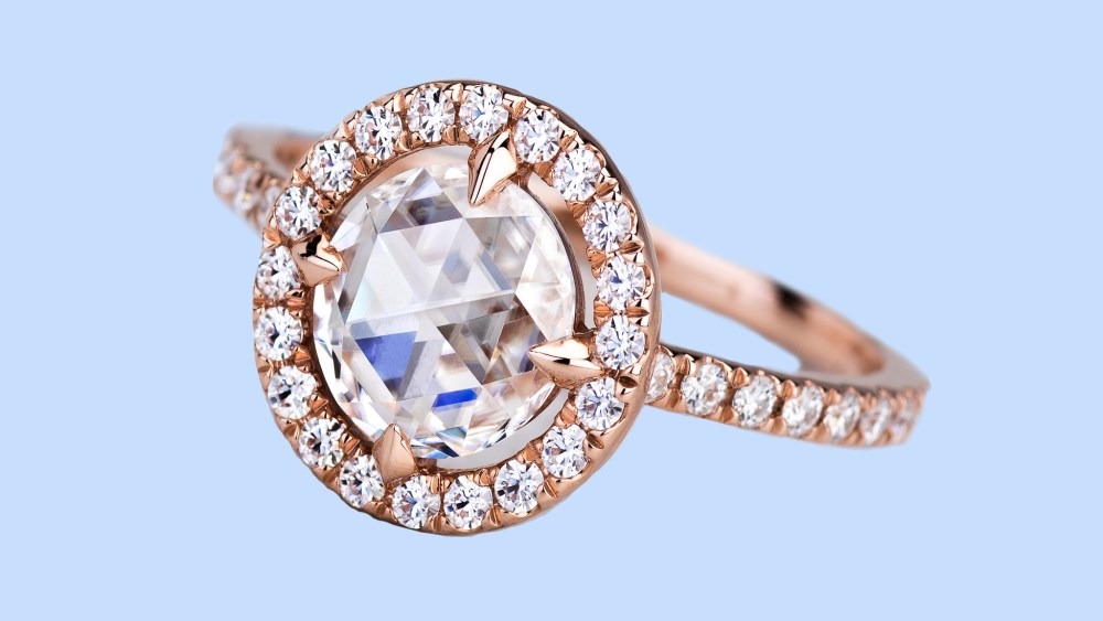 A ring with Duet Rose moissanite center stone. Charles & Colvard will unveil the new cut at the JCK Las Vegas show later this month.