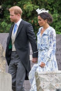 Meghan Duchess of Sussex and Prince Harry arriving for the wedding of Celia McCorquodaleWedding of Celia McCorquodale and George Woodhouse, Stoke Rochford, UK - 16 Jun 2018