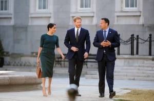 Prince Harry (C) and his wife Meghan Duchess of Sussex (L) are welcomed by Irish Prime Minister Leo Varadkar (R) at the Irish Government Buildings in Dublin, IrelandDuke and Duchess of Sussex visit, Dublin, Ireland - 10 Jul 2018The Duke and Duchess of Sussex are on a two day visit to Dublin.
