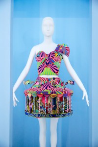 Manish Arora’s spring 2009 polychrome silk-synthetic plain weave top with a carousel skirt adorned with orange crystals, polychrome paillettes, seed beads, cotton-and-metal thread and vinyl appliqué.