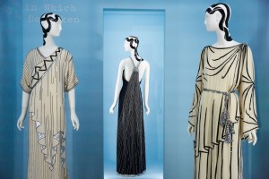 A resort 2018 dress from Gucci with a trompe l’oeil drapery motif (far right), and Karl Lagerfeld’s interpretation of the effect.