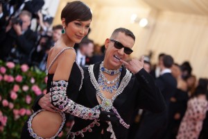 Bella Hadid in Moschino with the designer.