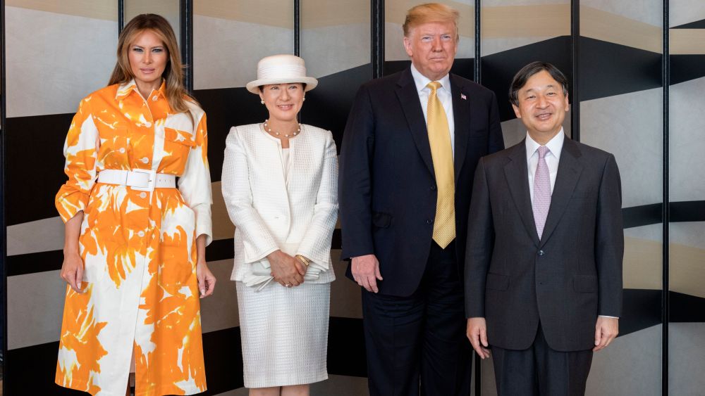 In this photo provided by the Imperial Household Agency of Japan, Japanese Emperor Naruhito, right, and U.S. President Donald Trump, second from right, flanked by Empress Masako, right, and First lady Melania Trump, left, pose for a photo at a hotel in TokyoTrump, Tokyo, Japan - 28 May 2019