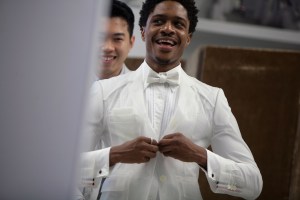 Ephraim Sykes during a Tonys fitting at Thom Browne.