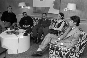 Designer Calvin Klein with Gloria Vanderbilt, Geoffrey Beene and other designers at a designer's roundtable event