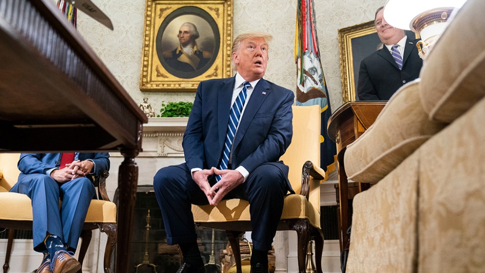 US President Donald J. Trump (R) meets with Canadian Prime Minister Justin Trudeau (not pictured) in the Oval Office of the White House in Washington, DC, USA, 20 June 2019. US President Donald J. Trump spoke to the media about Iran shooting down an American drone, saying that the US reply will be known 'soon'.President Trump meets with Canadian Prime Minister Justin Trudeau in Oval Office, Washington, USA - 20 Jun 2019