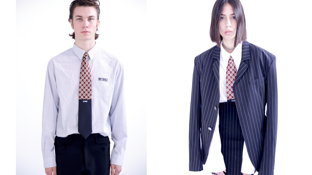 Looks from the M1992 spring 2020 collection featuring ties made in collaboration with E.Marinella.