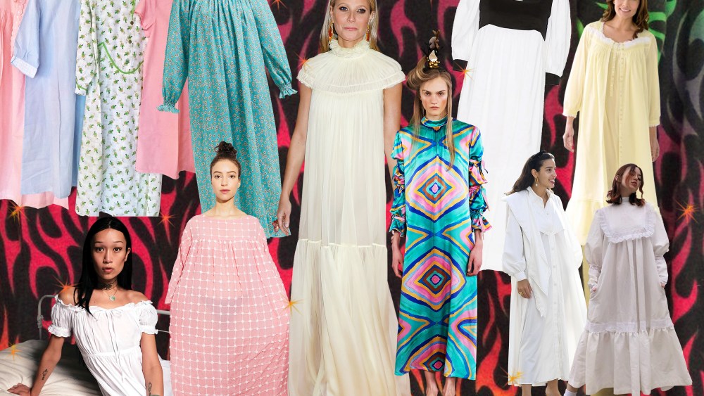 Scenes from the nightgown trend (clockwise from top left): Cynthia Talmadge's thrifted nighties; design by Loretta Caponi; Maryam Nassir Zadeh Dress; a look from the Vermont Country Store; @Carcrashgirl; street style at Copenhagen Fashion Week; Helmstedt fall 2019; Gwyneth Paltrow at the Met Gala; Nikki Chasin dress; a nightgown available at Salter House