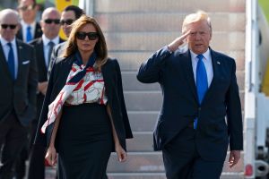 US President Donald J. Trump (R) salutes and First Lady Melania Trump (L) as they arrive at London Stansted Airport in Essex, Britain, 03 June 2019. US President Trump and First Lady Trump are on a three-day state visit to the United Kingdom.
State visit of US President Donald J. Trump to United Kingdom, Stanstead - 03 Jun 2019