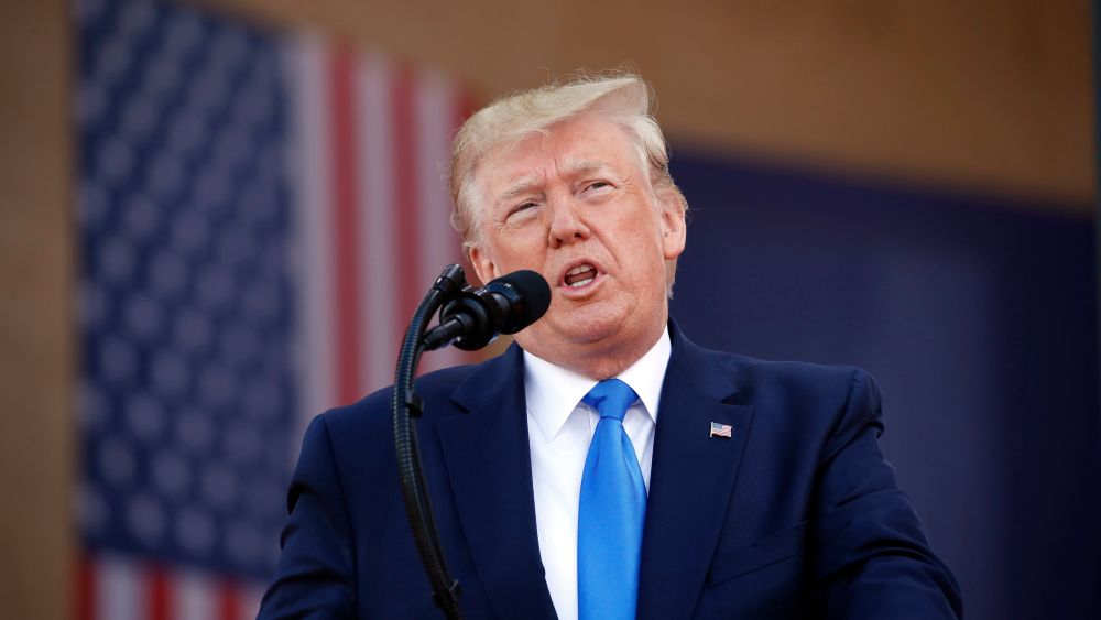 President Donald Trump speaks during a ceremony to commemorate the 75th anniversary of D-Day at The Normandy American Cemetery, in Colleville-sur-Mer, Normandy, FranceD-Day 75 Years, Colleville-sur-Mer, France - 06 Jun 2019