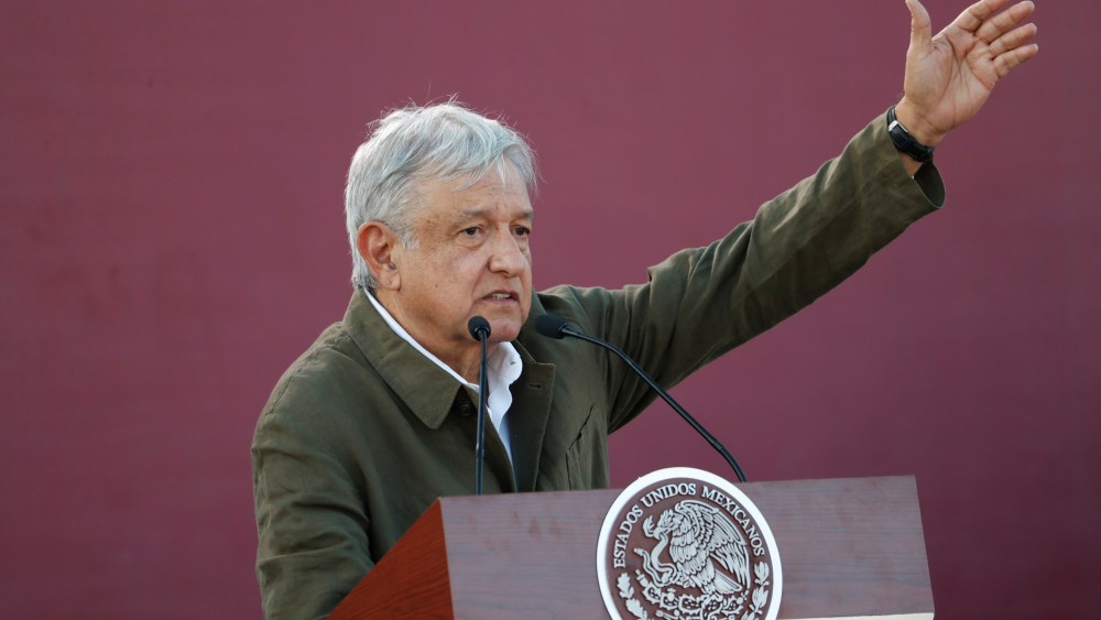 Mexican President Andres Manuel Lopez Obrador speaks during a rally in Tijuana, Mexico, . The event was originally scheduled as an act of solidarity in the face of President Donald Trump's threat to impose a 5% tariff on Mexican imports if it did not stem the flow of Central American migrants heading toward the U.S. But Mexican and U.S. officials reached an accord Friday that calls on Mexico to crackdown on migrants in exchange for Trump backing off his threatTariffs, Tijuana, Mexico - 08 Jun 2019
